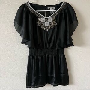 Lucy Paris Black Studded Flutter Sleeve Smocked Waist Blouse